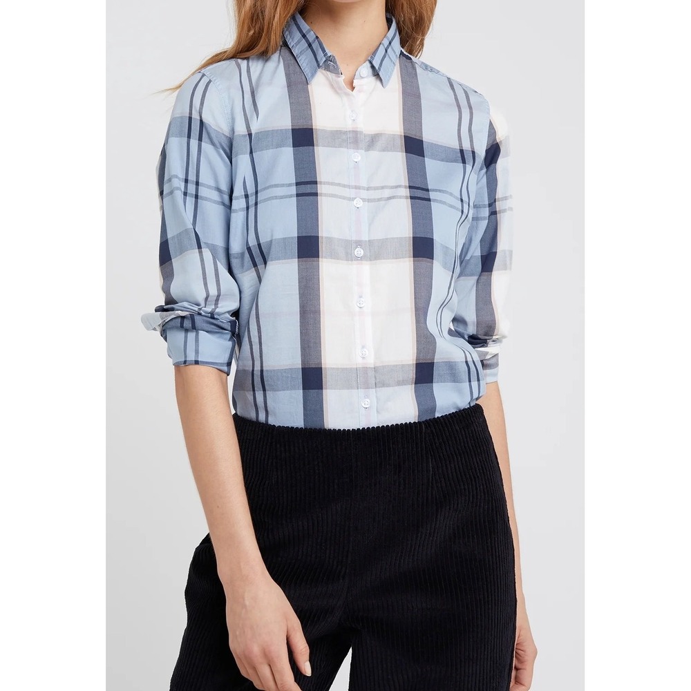 Barbour Summer Tartan Plaid Button Down Shirt Blue Cream‎ Womens US 8 UK 12